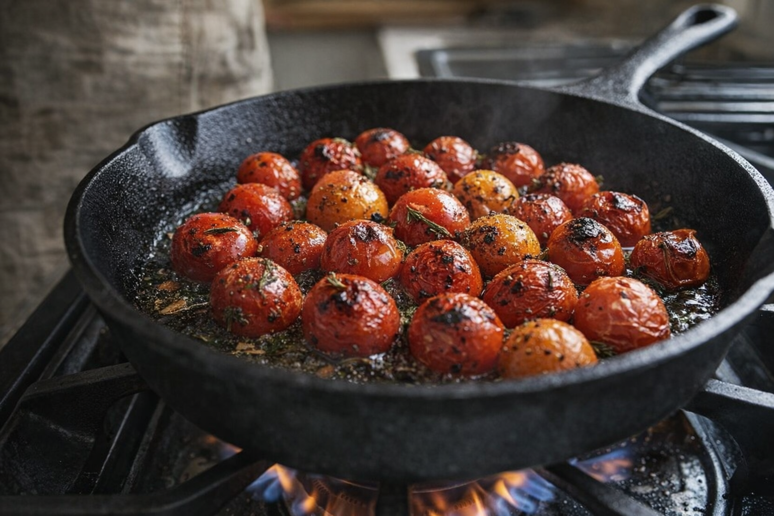 A close-up shot of cherry tomatoes roasting in a cast iron skillet on a gas stovetop, blistered skins, herbs visible, shallow depth of field